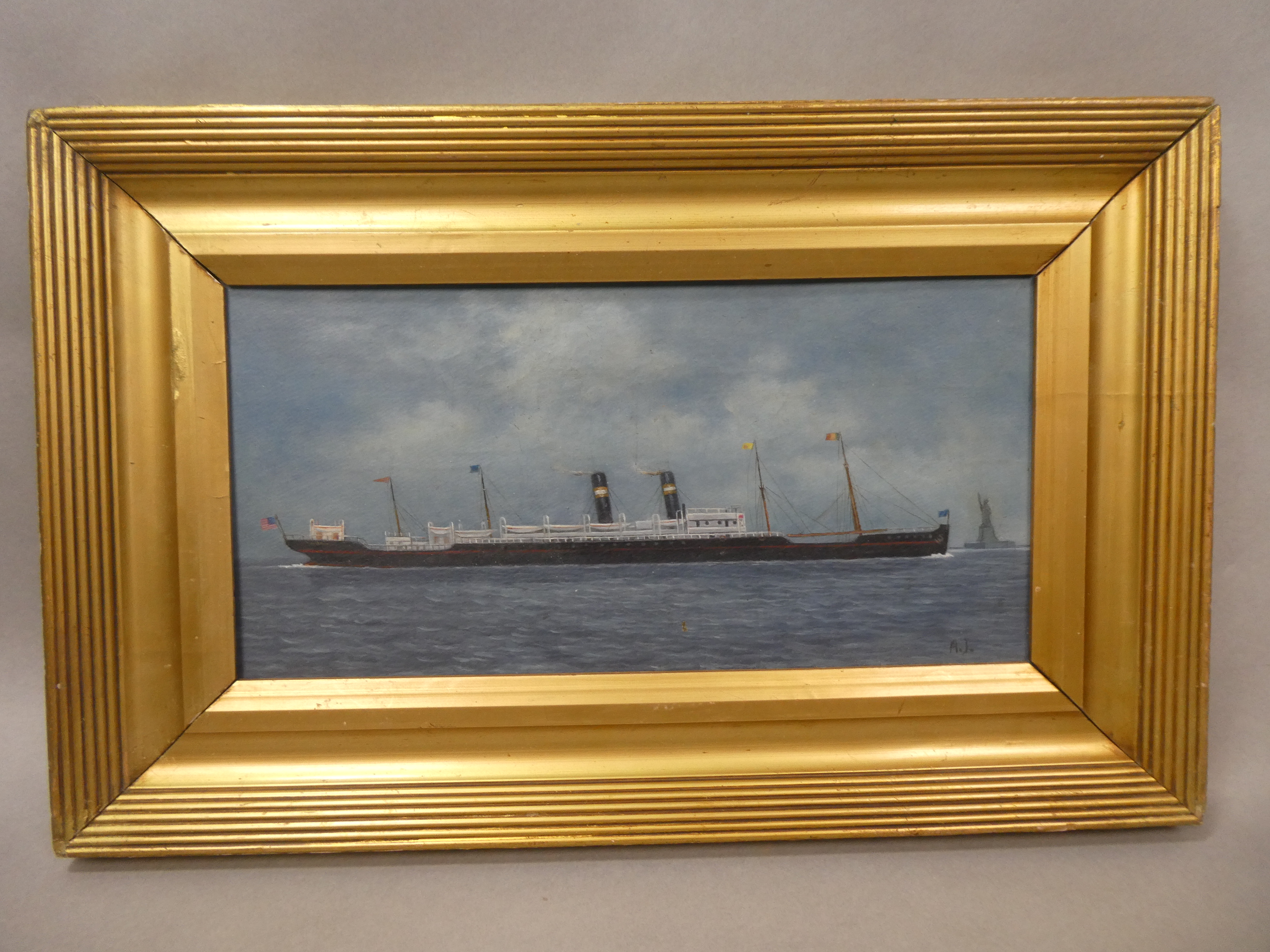 c1920 School of Antonio Jacobsen Ship Oil Painting