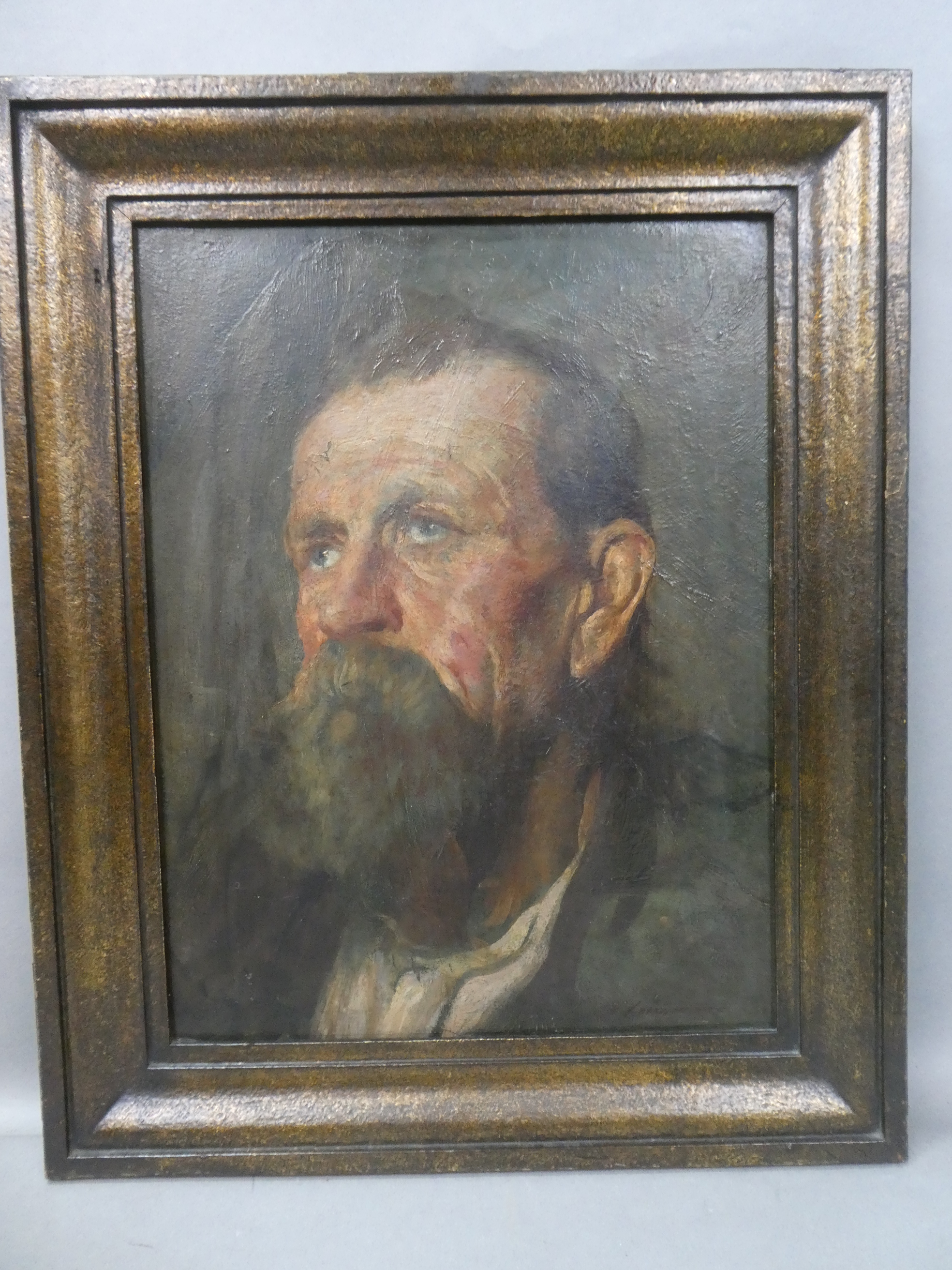 Signed Portrait of Bearded Man Oil Painting