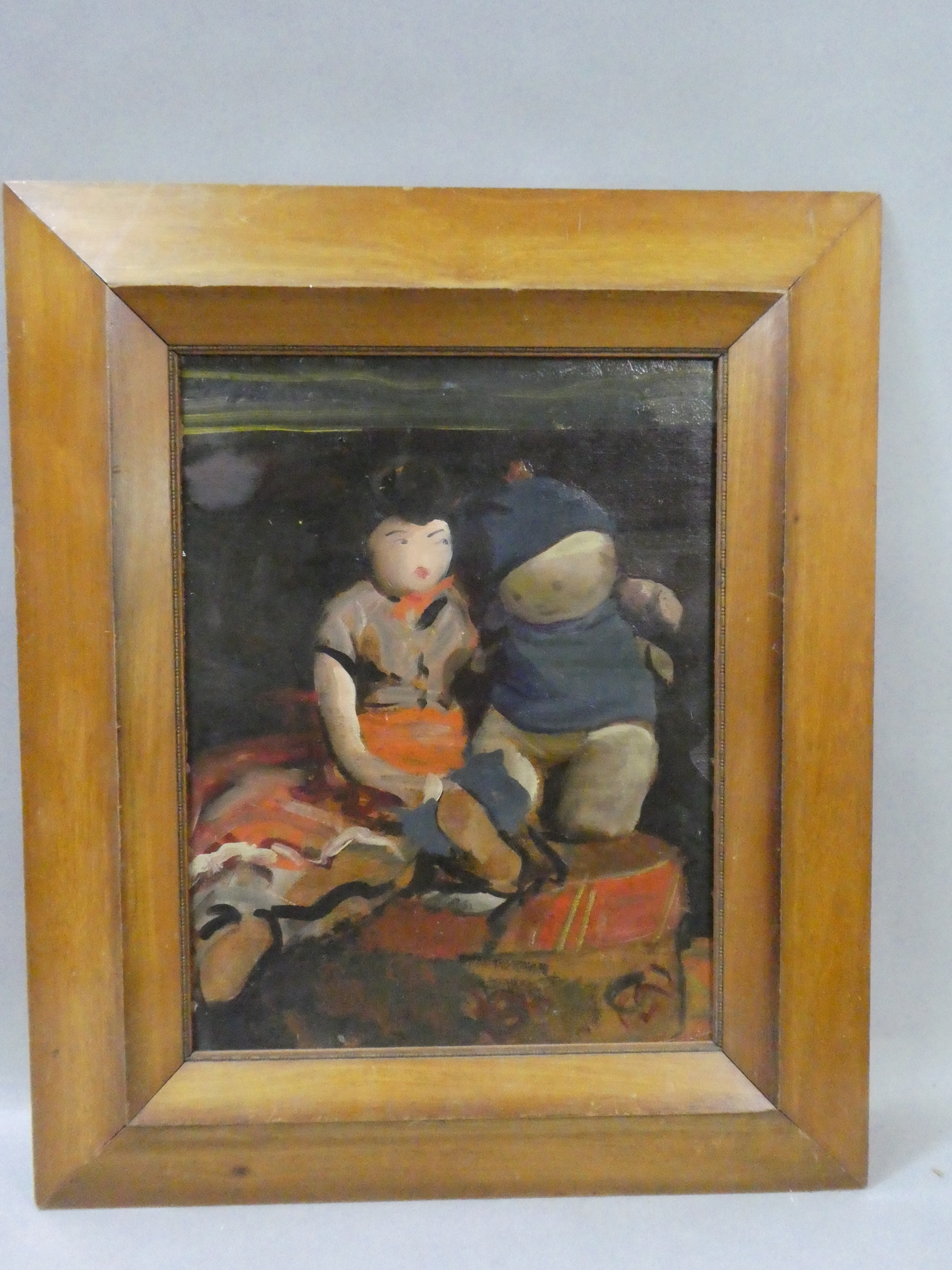Vintage Unsigned Oil Painting Still-Life of Two Dolls