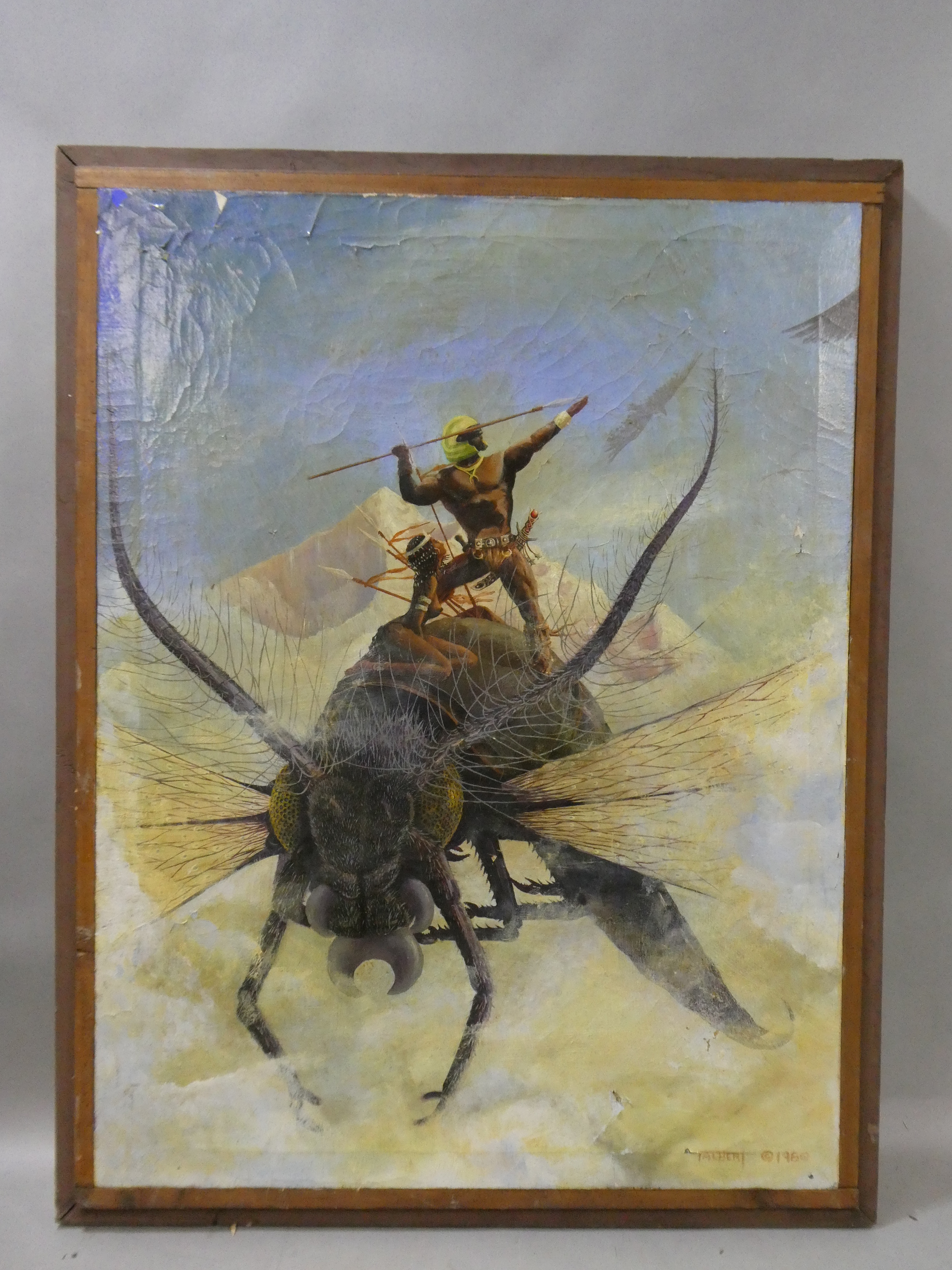 1980 Rod Talbert Black African Warriors Riding Giant Insect Sci Fi Oil Painting