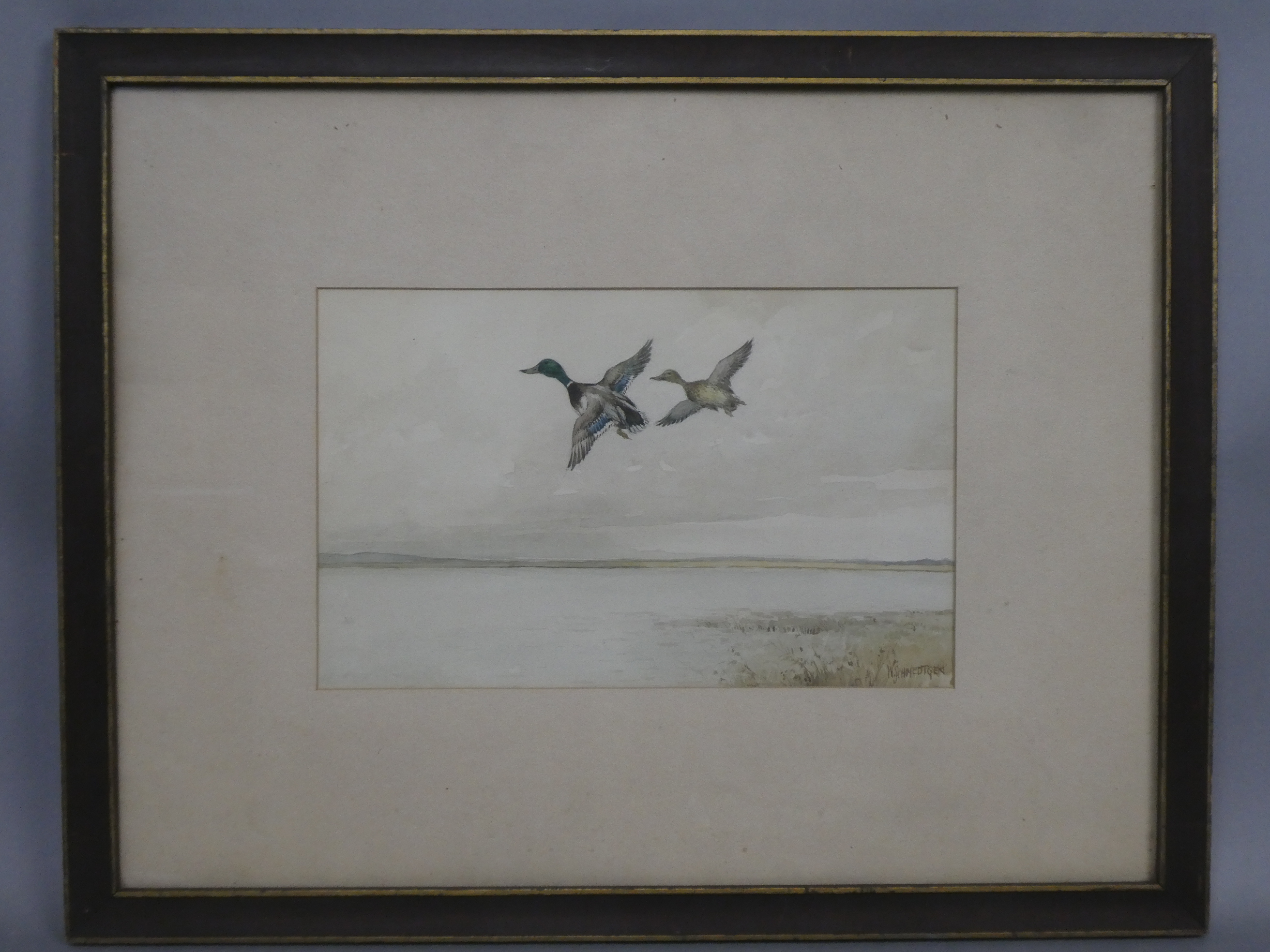 William Schmedtgen Pair of Flying Mallard Ducks Watercolor Painting LISTED ARTIST