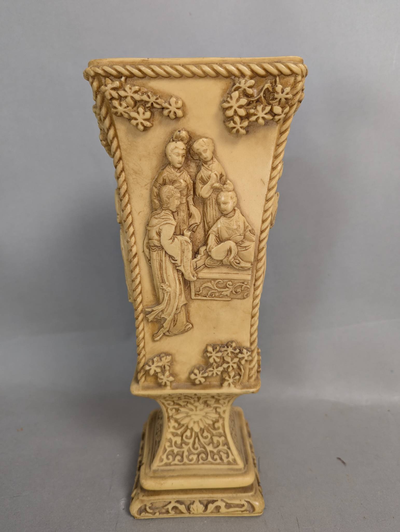 Antique Japanese Resin Vase with Intricate Relief Decoration
