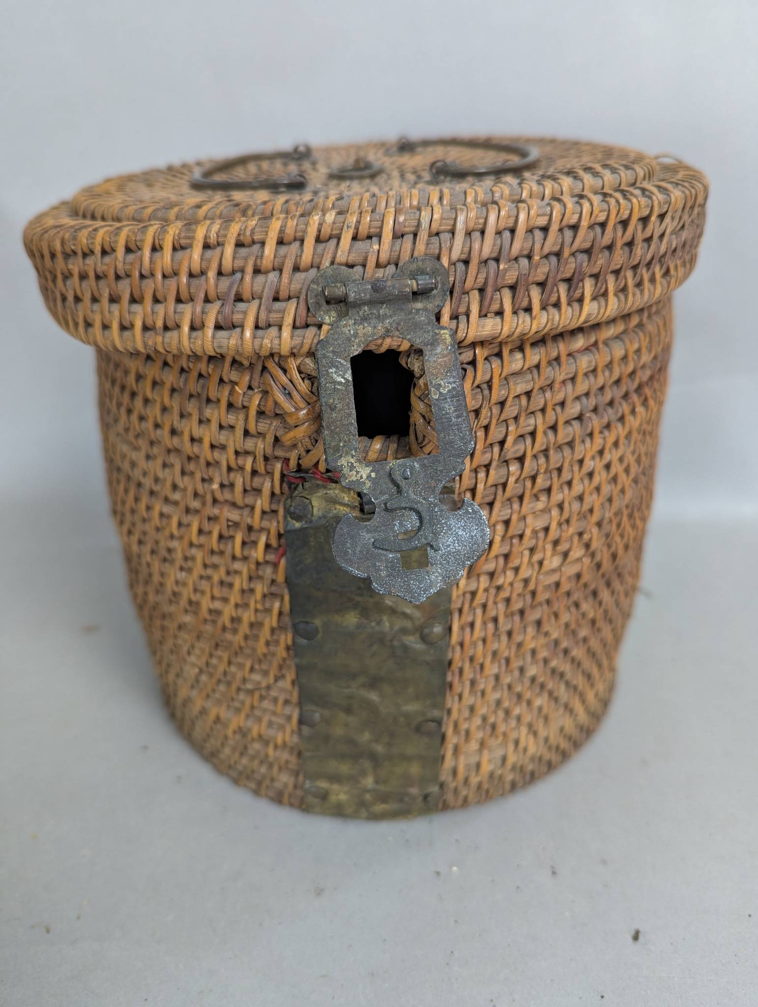 Antique Tightly Hand Woven Wicker Chinese Ceremonial Tea Basket with Brass Handles