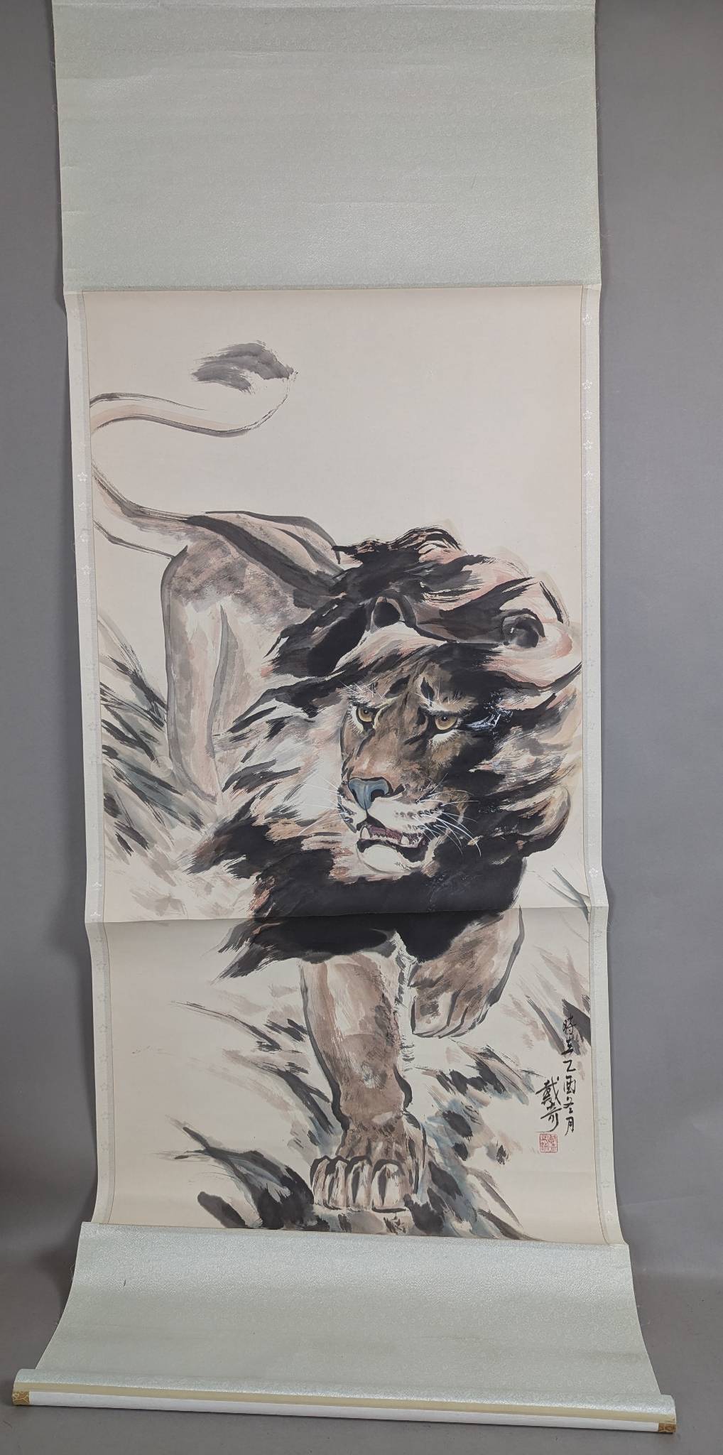 Hanging Chinese Scroll Painting of a Lion by Dai Qi in Ink and Color