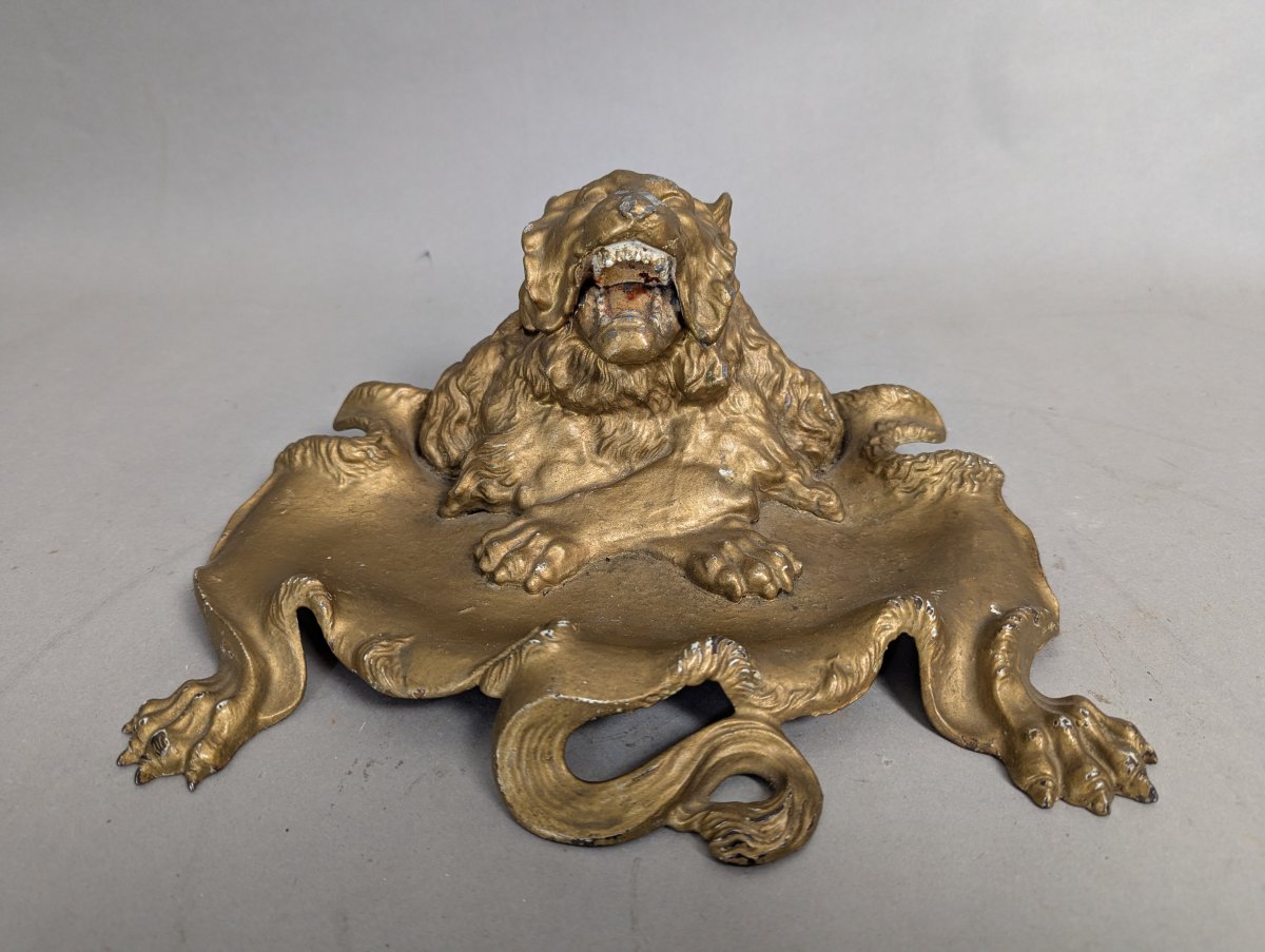 Antique Art Nouveau Style Lion Inkwell Desk Tray Decorative