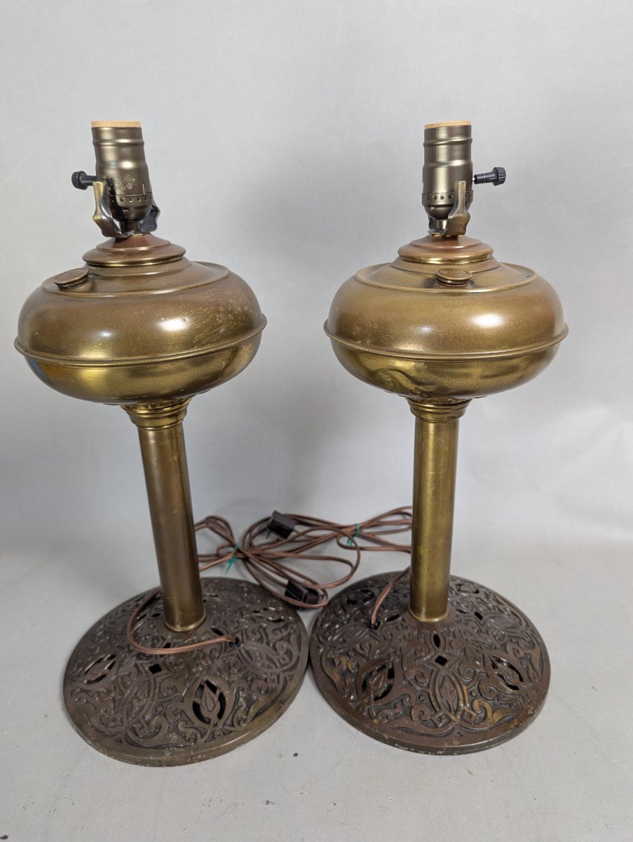 Antique Rayo Converted Electric Table Lamp Pair with Ornate Cast Iron Base
