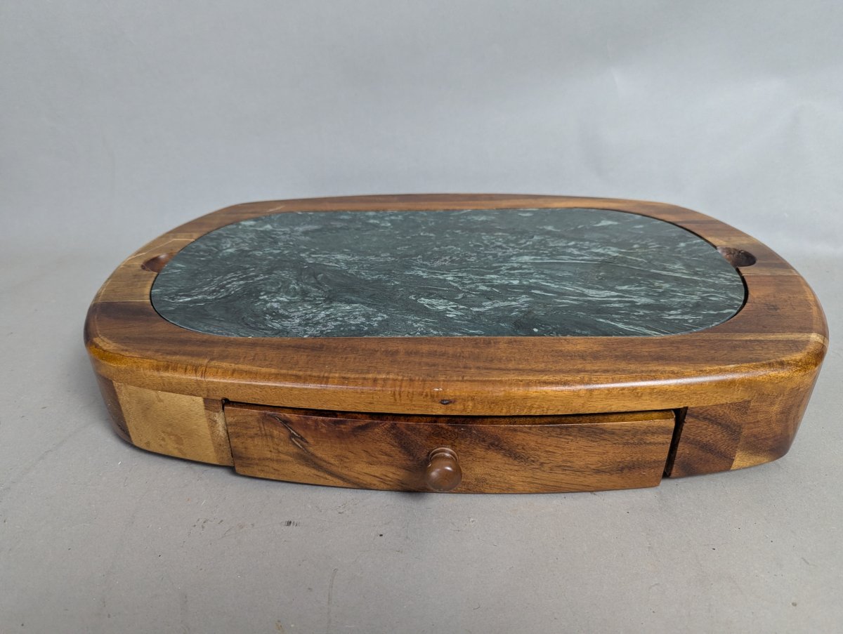Vintage Mid-Century Modern Wood and Marble Cheese Board Set with Utensils and Drawer
