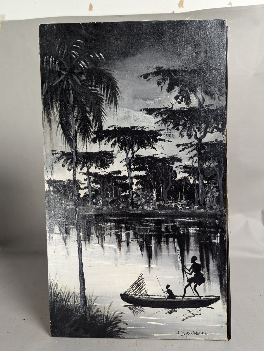 H Dieudonne Signed Haitian Silhouette Art Oil on Canvas Tropical Scene 15x26