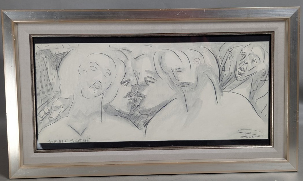 Fried Signed Modernist Drawing Street Scene Framed Art Unique Expressionist Style