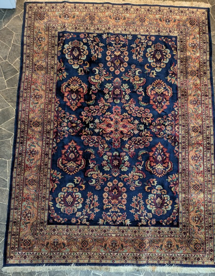 Exclusive Machine-Made Persian-Style Area Rug Floral Design Deep Blue Rust Beige