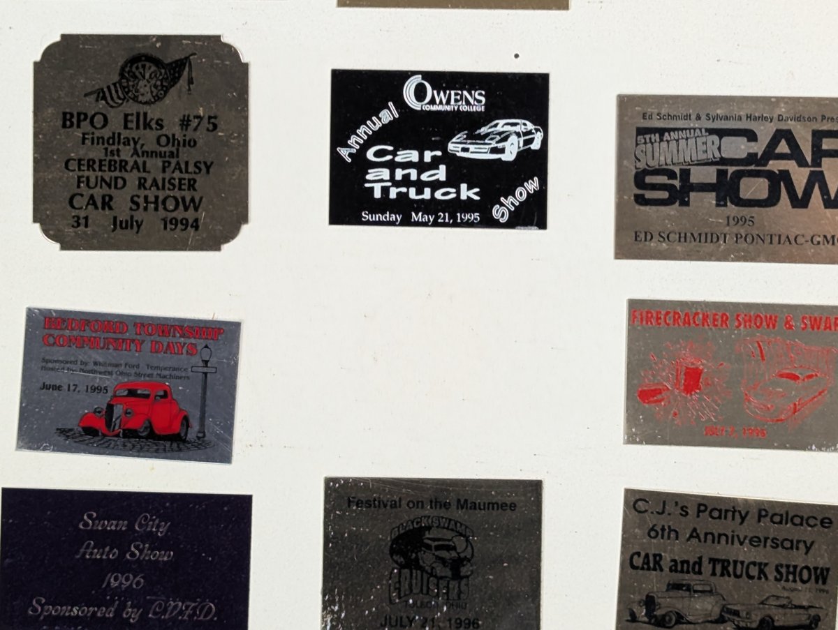 Collection of 1990s Ohio Michigan Car Show Dash Plaques Display Board Automotive Memorabilia