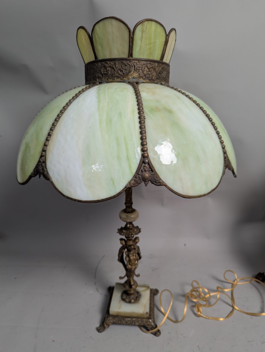 Vintage Slag Glass Panel Table Lamp Ornate Design Neoclassical Style 24 High