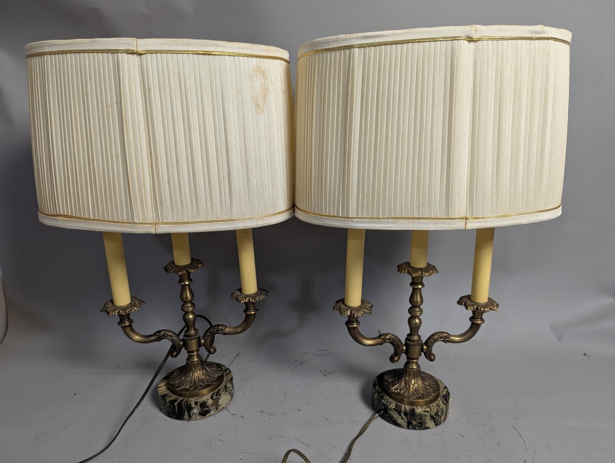 Vintage Hollywood Regency Brass 3-Arm Candelabra Table Lamps - Mid Century Pair