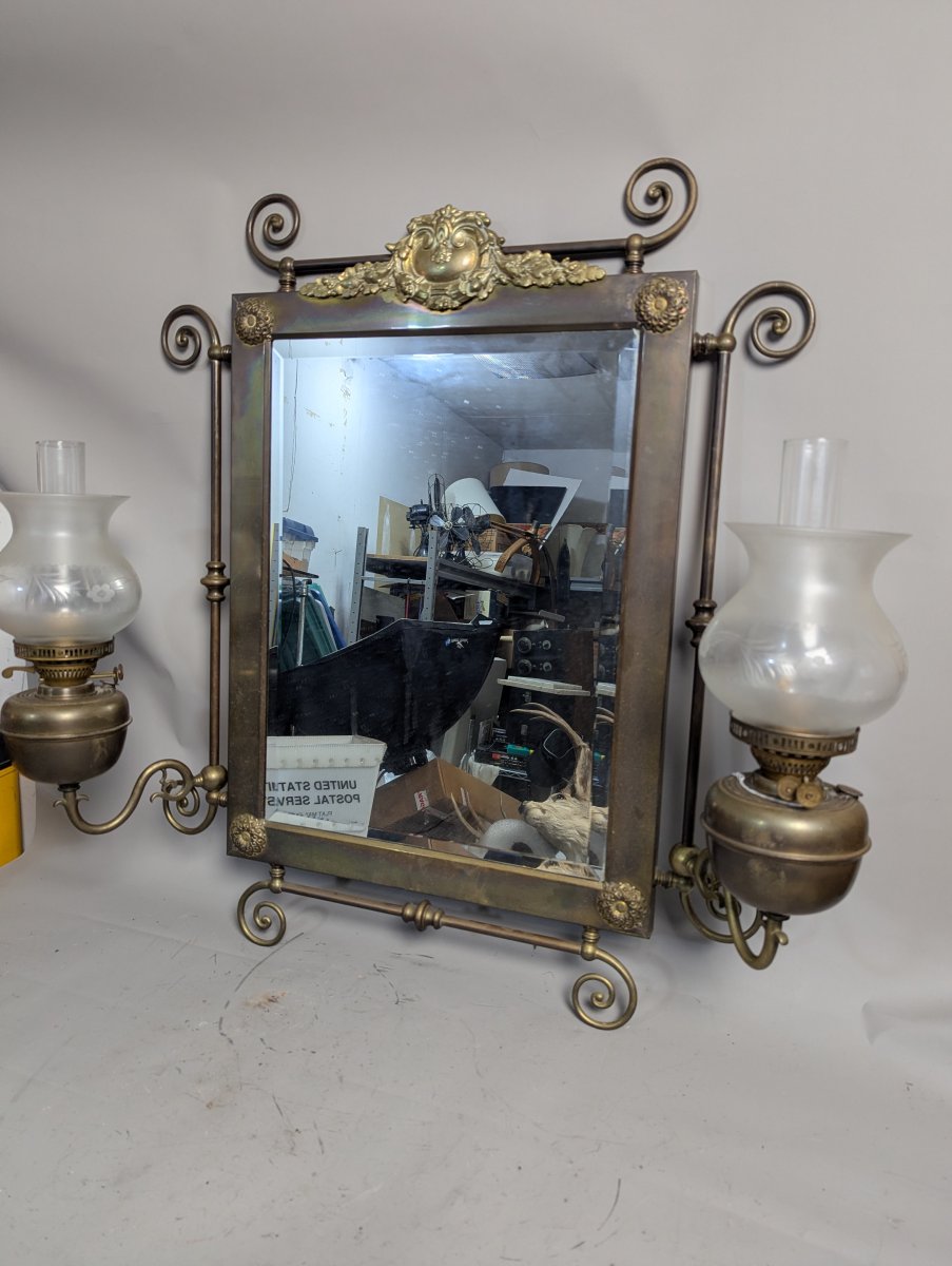 Accents in Brass Victorian Revival Wall Mirror with Dual John Scott Oil Lamps Decor