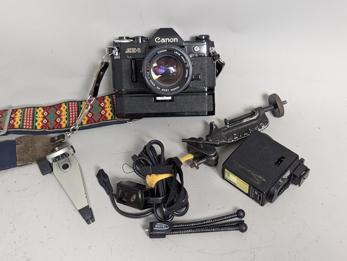 Canon AE-1 35mm SLR Film Camera Bundle with 50mm 1.4 Lens Power Winder Accessories