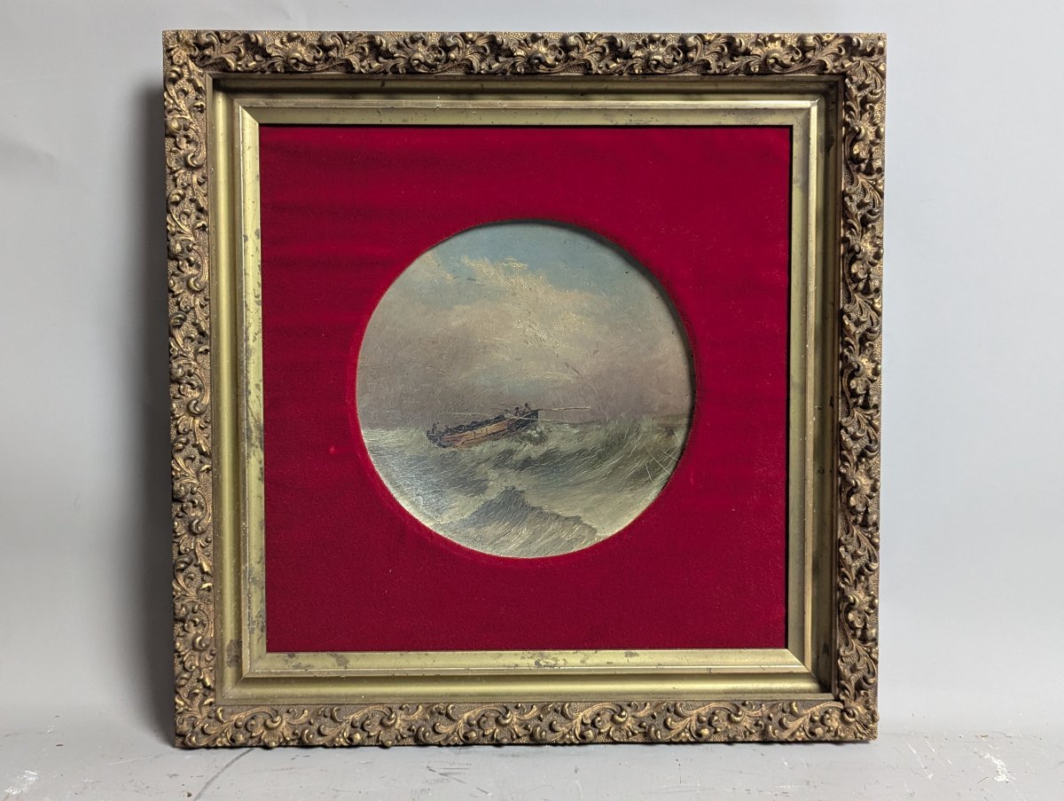 Antique Unsigned Maritime Tondo Oil Painting on Bowed Board in Ornate Gilt Frame