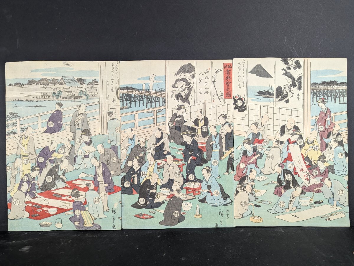 Utagawa Hiroshige Original 19th Century Japanese Woodblock Print Triptych Elegant Calligraphy