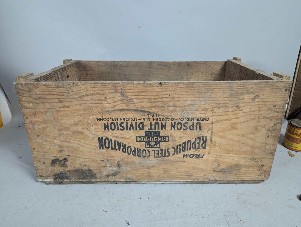 Collectible Vintage Republic Steel Corporation Upson Nut Division Wooden Crate Box