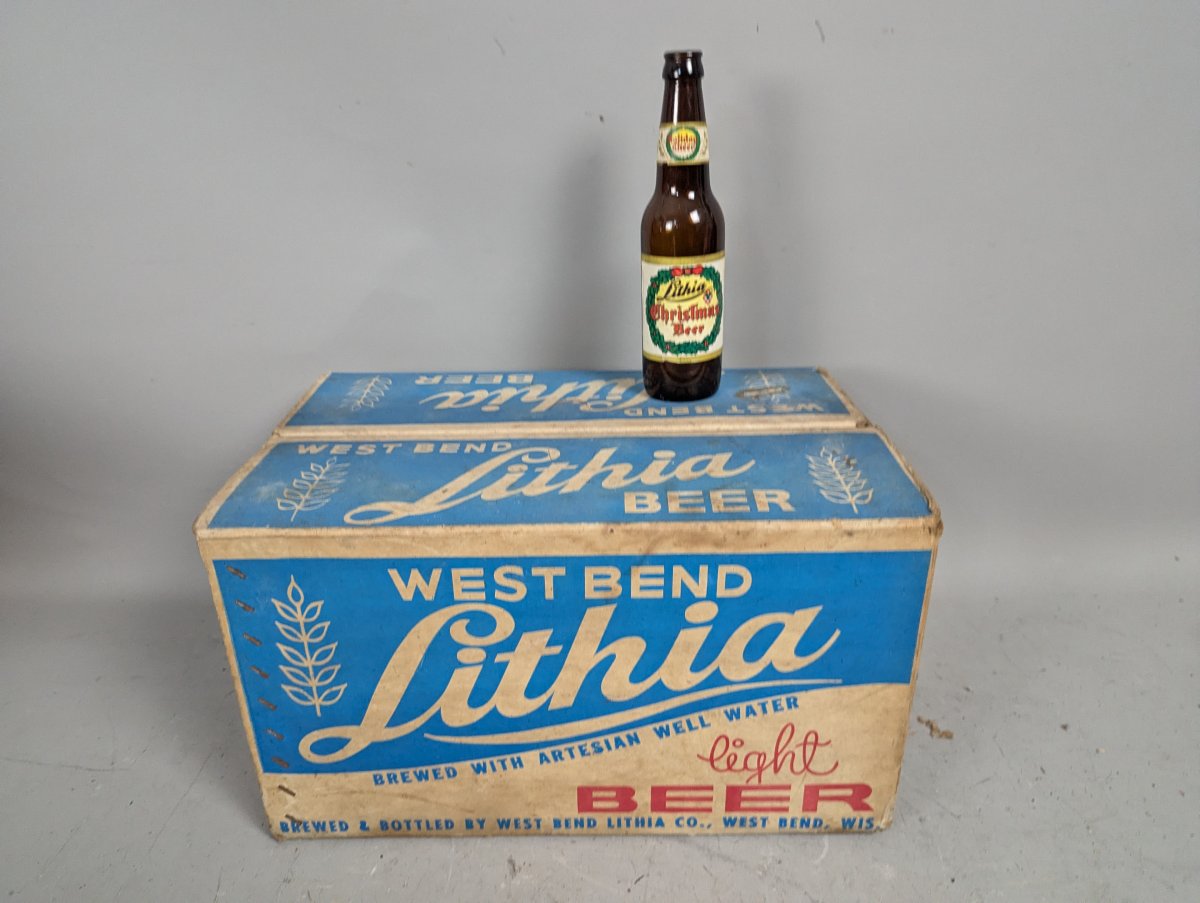 Vintage West Bend Lithia Beer Cardboard Case & Christmas Beer Bottles Breweriana Collectible