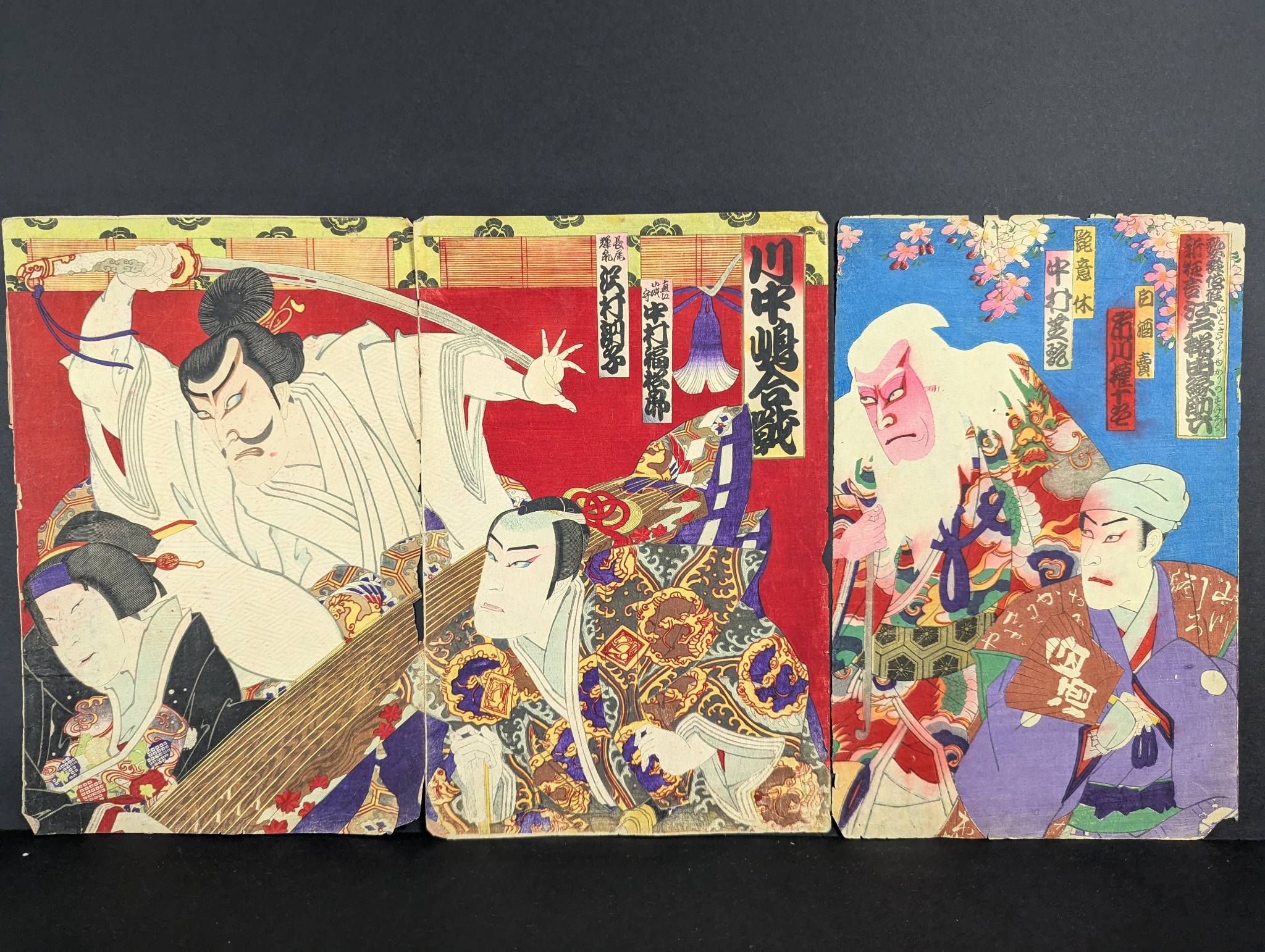 Meiji Era Japanese Woodblock Print Triptych Depicting Samurai Figures