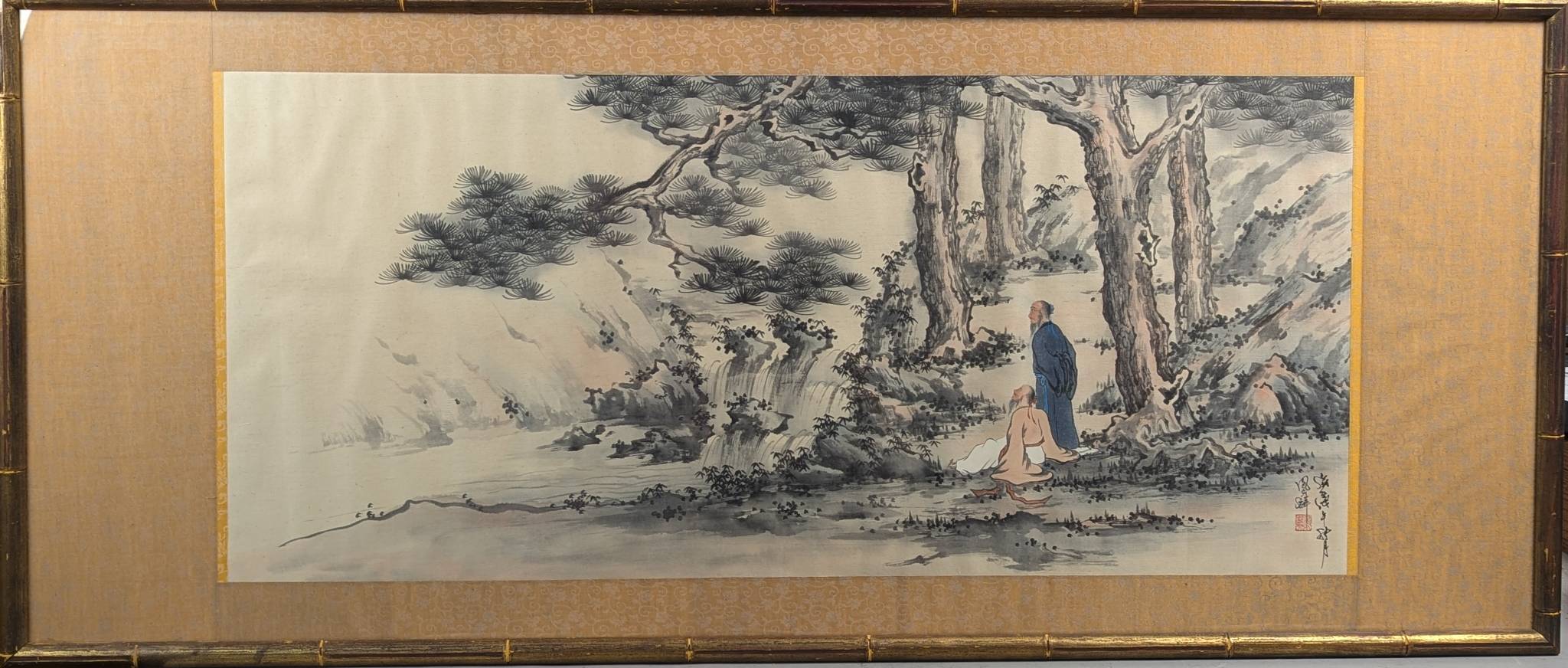 Signed Chinese Watercolor Depicting Two Figures in Forest Scene HUGE
