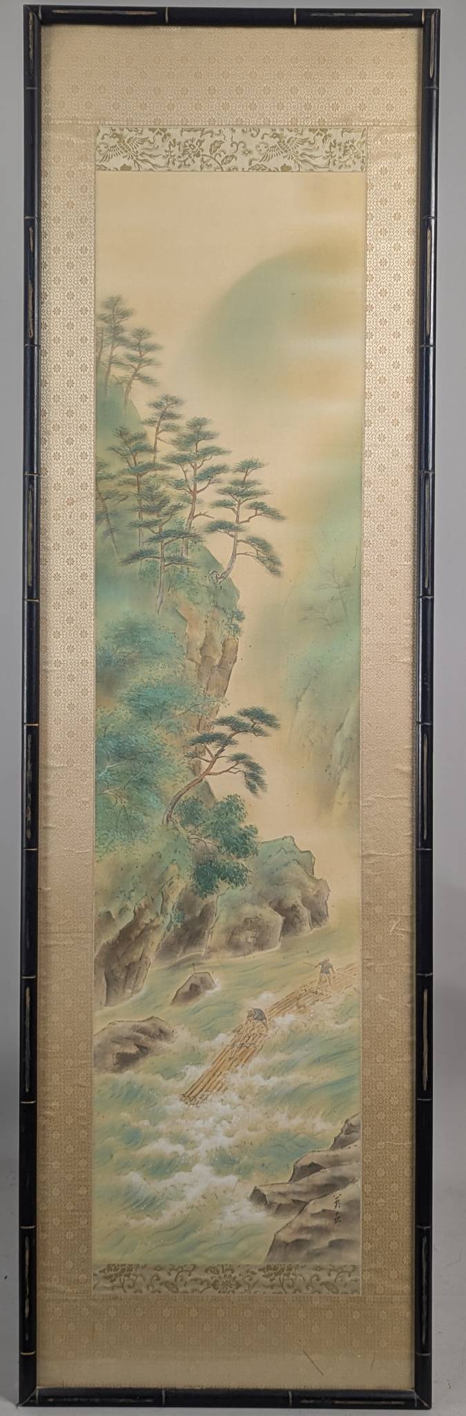 Japanese Watercolor on Silk Depicting Men on Raft by Cliff