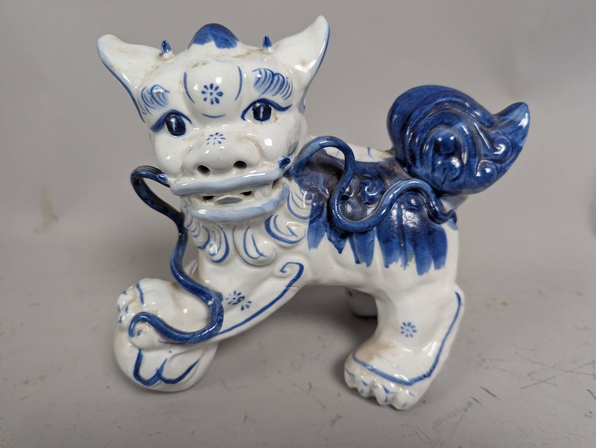 Vintage Blue and White Chinoiserie Foo Dog Statue