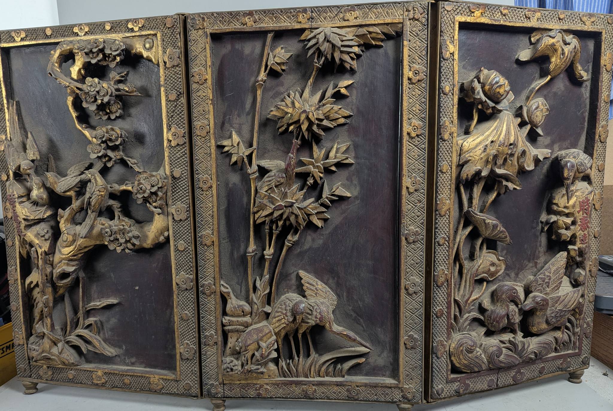 Antique Shitai Chinese Carved Wood Folding Screen with Gilded Relief Panels