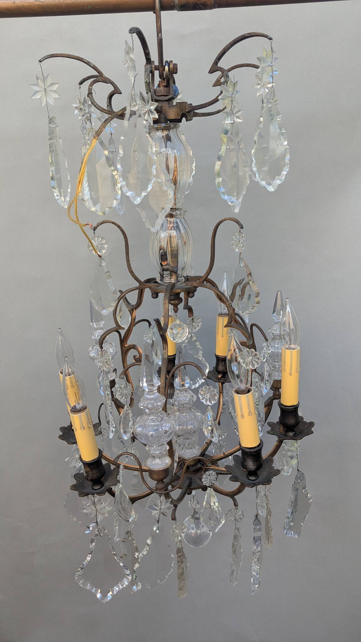 French Gilded Chandelier with Crystal Pendants and Candle-style Bulbs