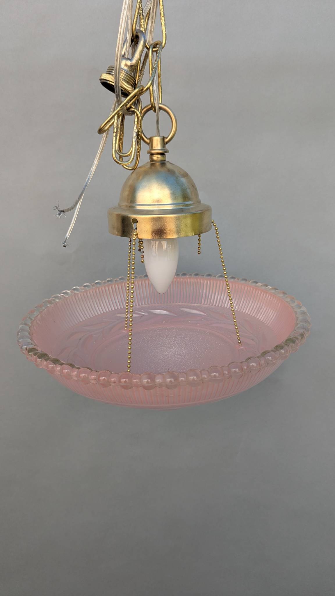 Vintage Pendant Light Fixture with Brass Canopy and Pink Glass Bowl Shade