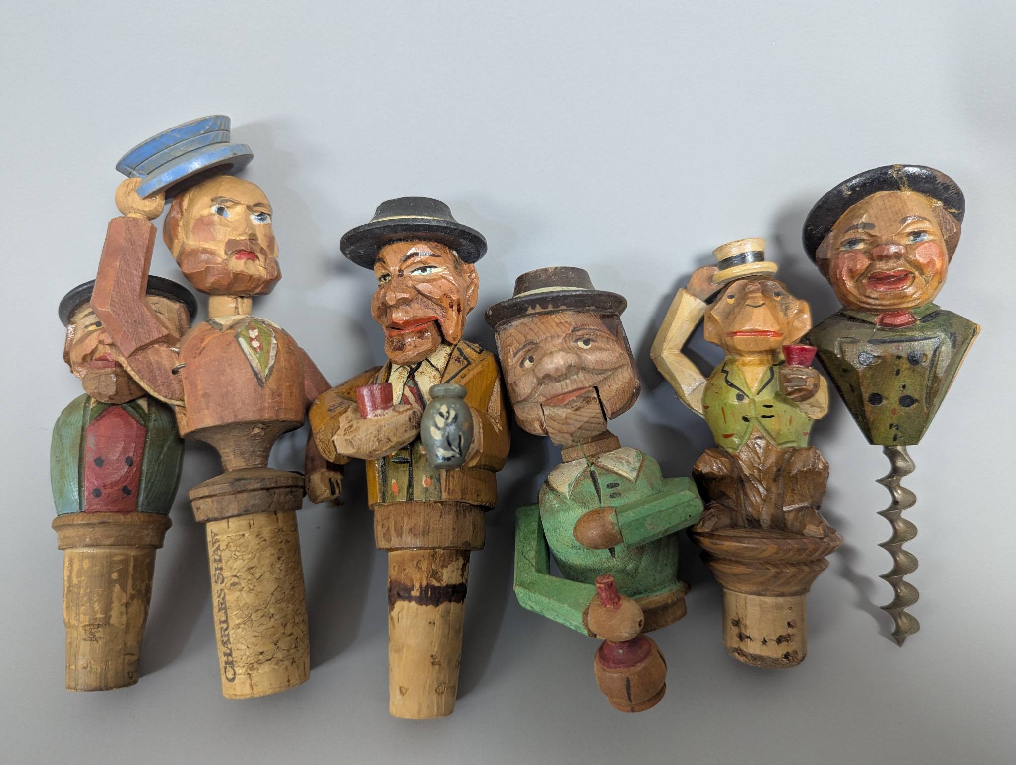 6 Hand-Carved German Mechanical Bottle Stoppers with Corks