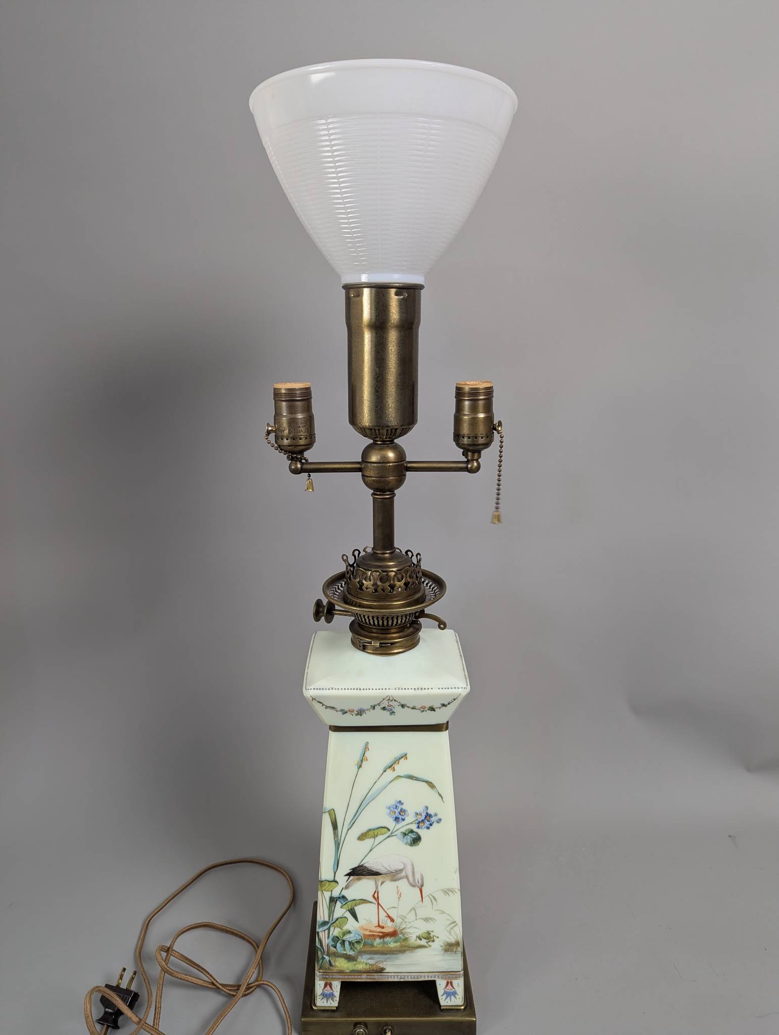 Antique Hinks and Sons Painted Ceramic Table Lamp with Dual Socket and Brass Mounts