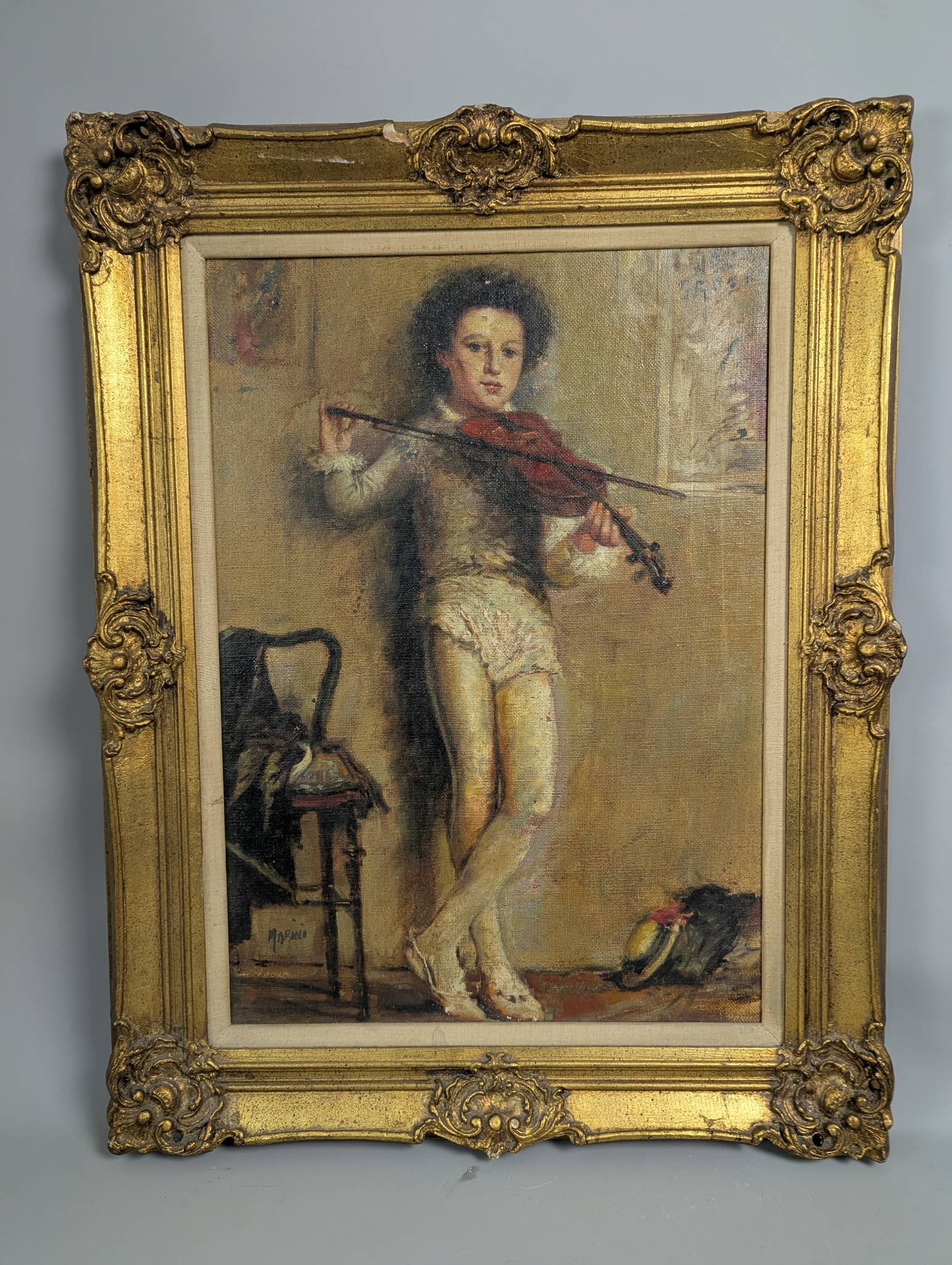 Oil Painting Depicting Young Violinist Signed Marino