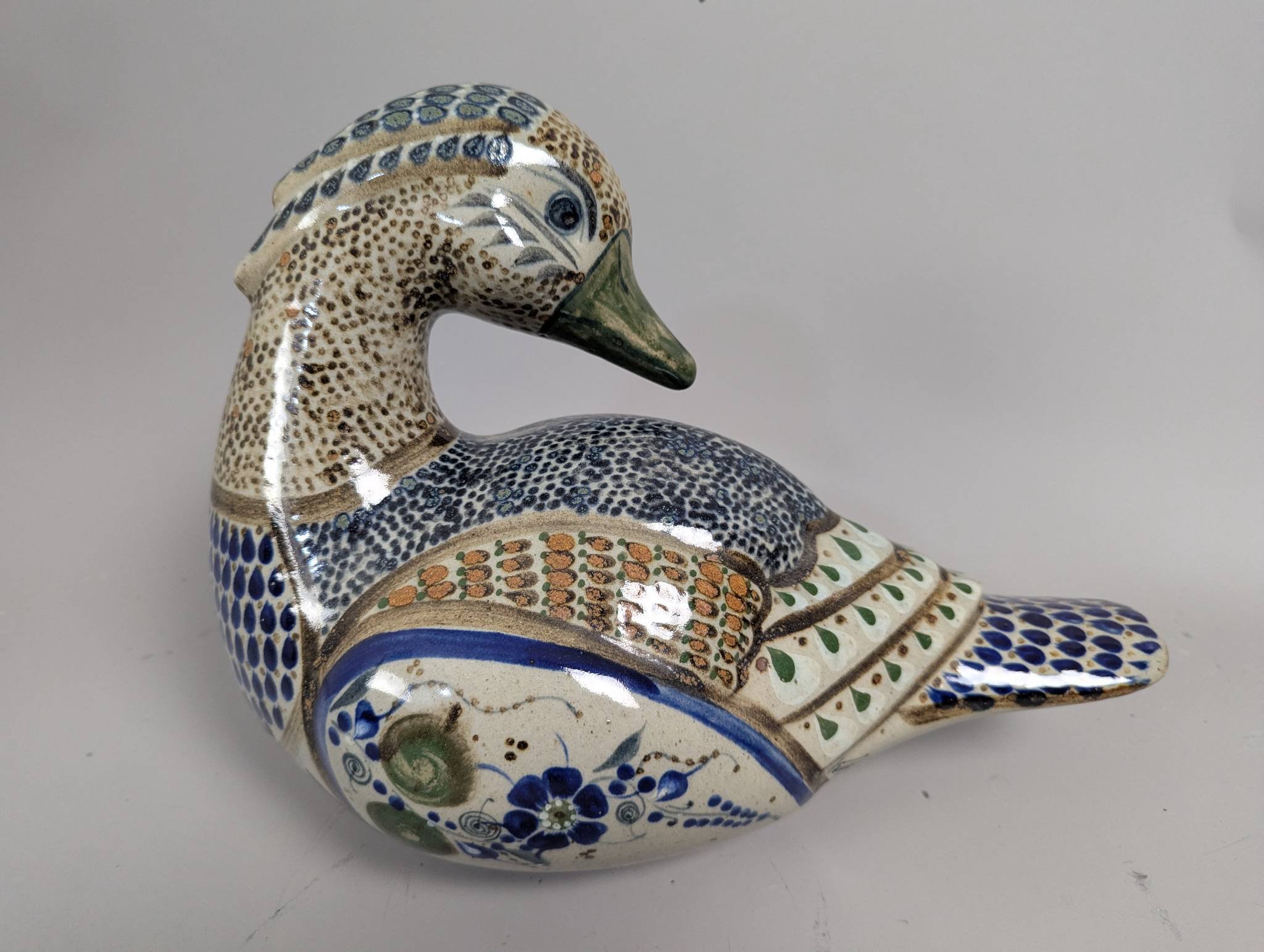 Hand-Painted Tonala Mexican Folk Art Pottery Duck Figurine