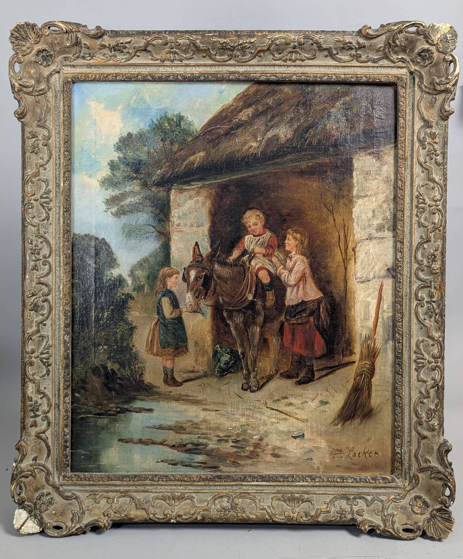The Pet Donkey by John Locker Depicting Children With a Donkey in Rustic Scene