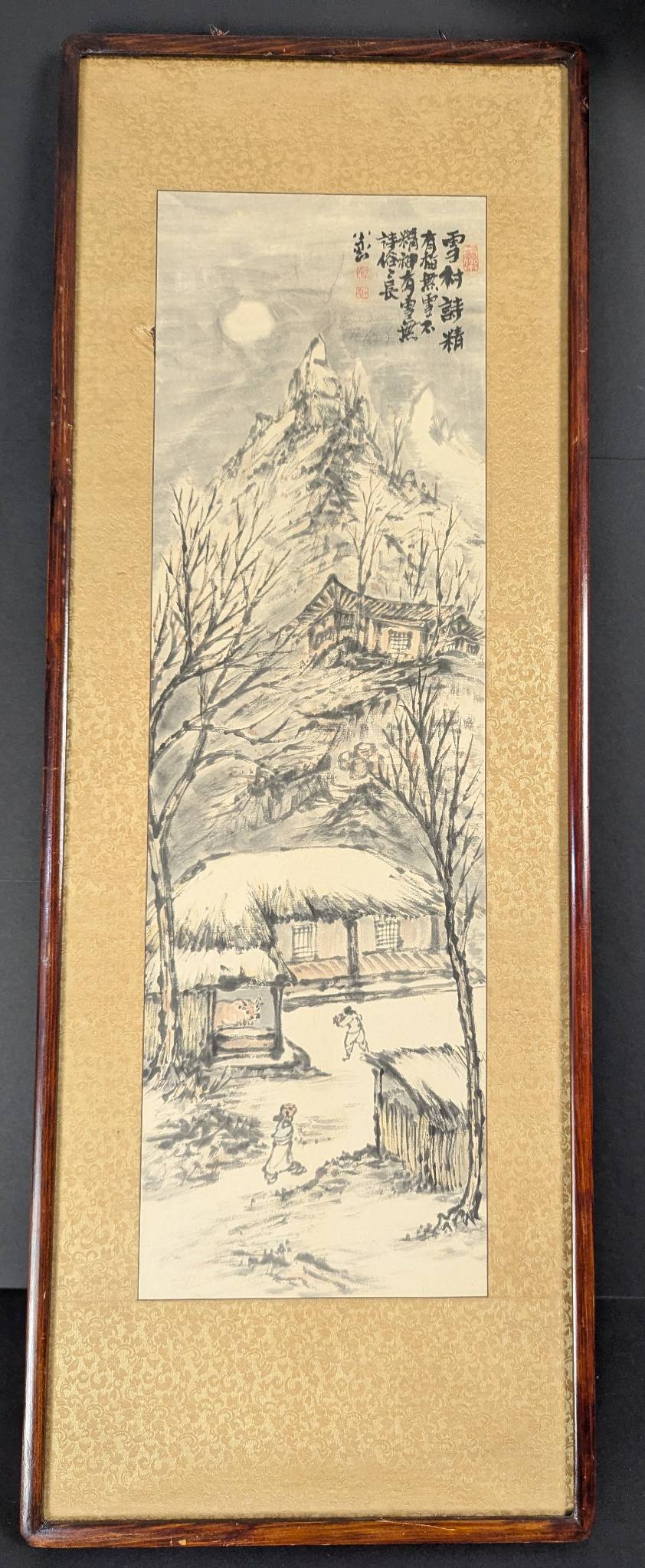 Framed East Asian Ink Wash Painting Depicting Snowy Mountain and Village Scene