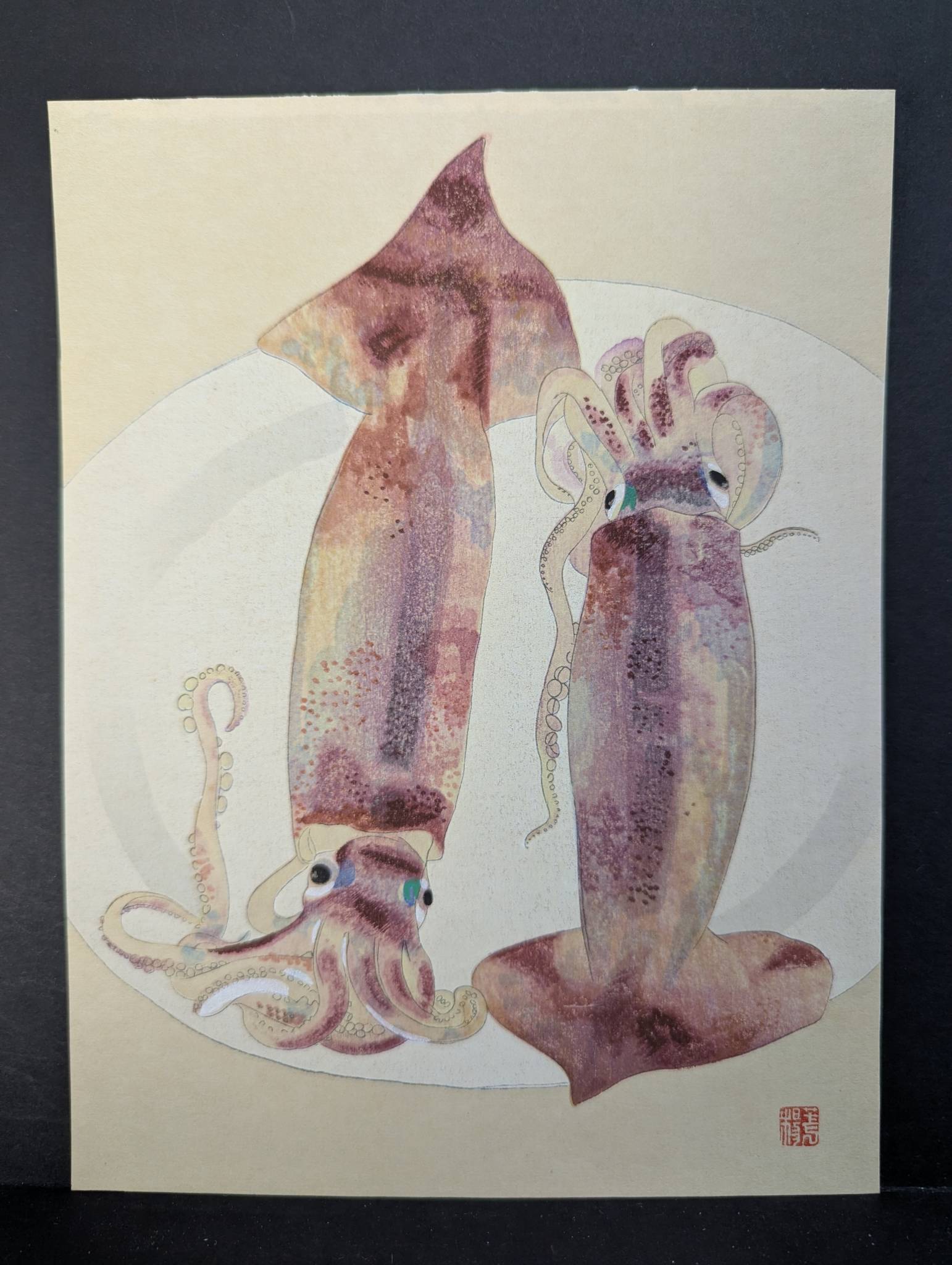 Japanese Woodblock Print Depicting Squid by Kayo Yamaguchi