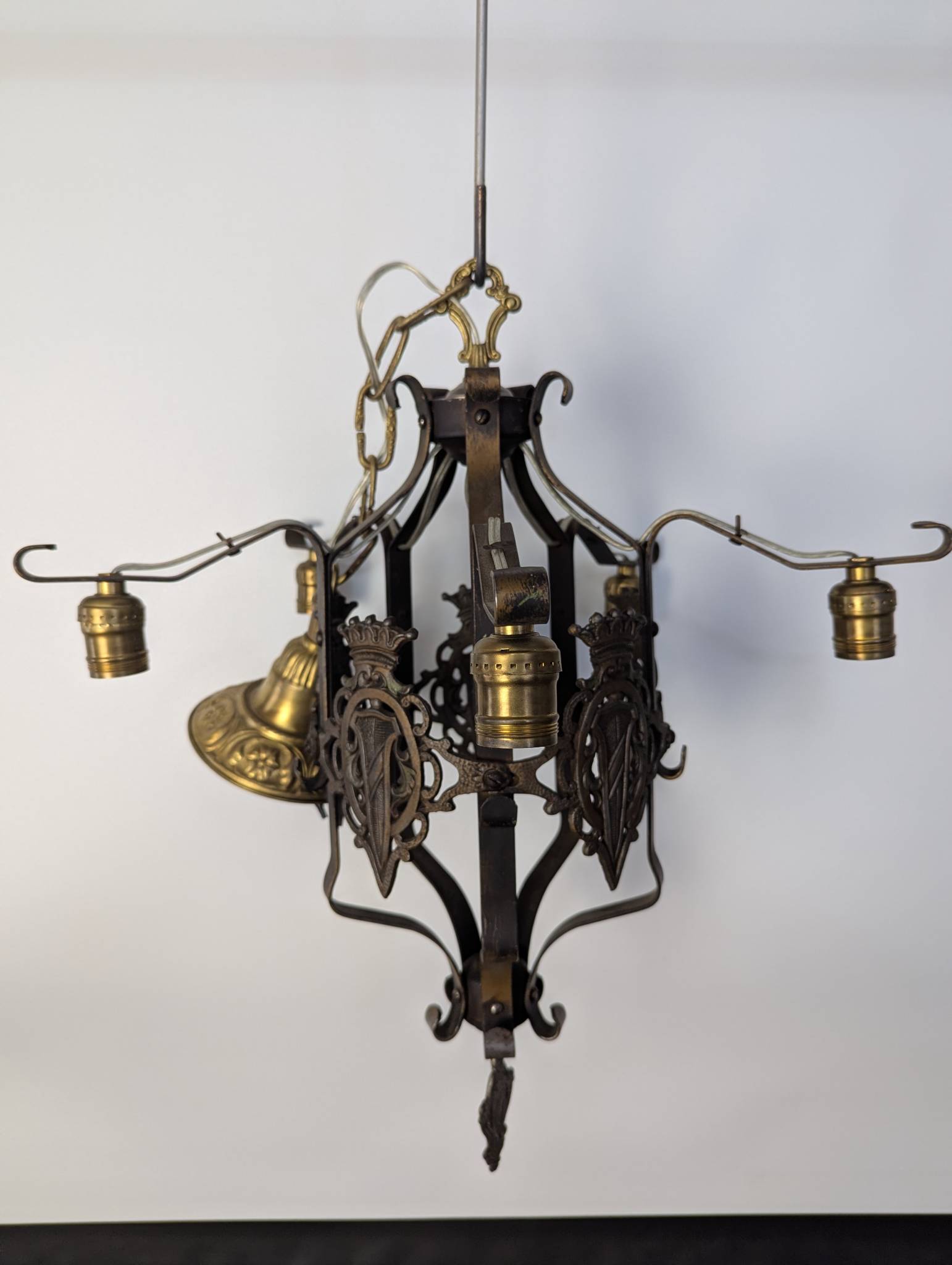 Vintage Spanish Revival Wrought Iron Chandelier with Heraldic Motif