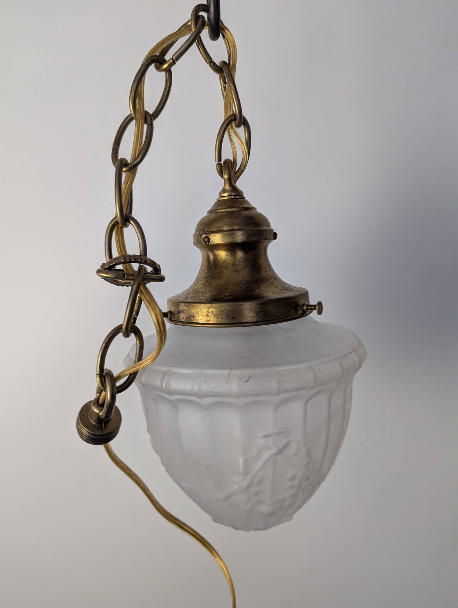 Vintage Frosted Glass Pendant Light with Brass Chain and Fitter