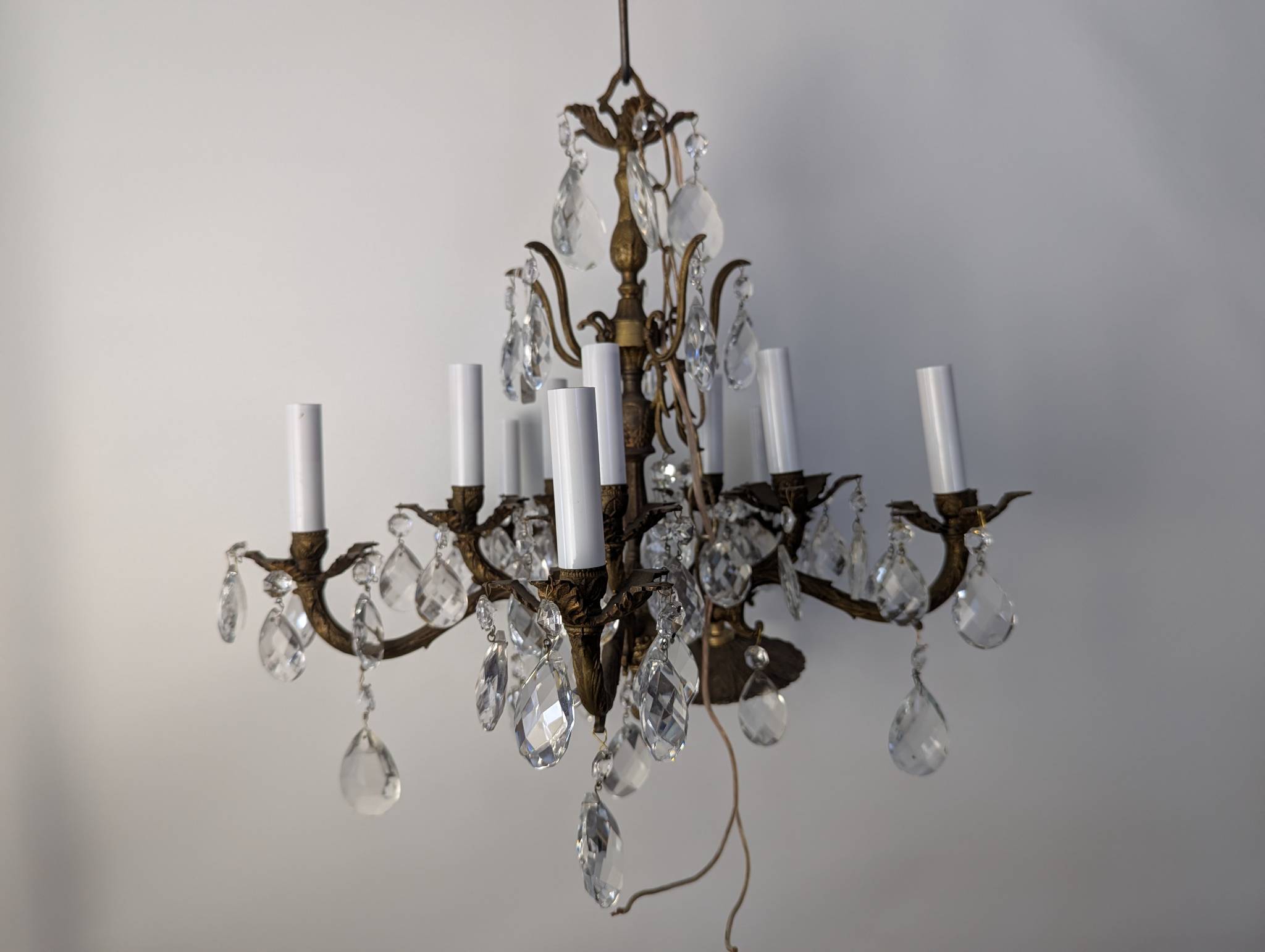 French Louis XV-style Brass and Crystal Six-Arm Chandelier with Patina