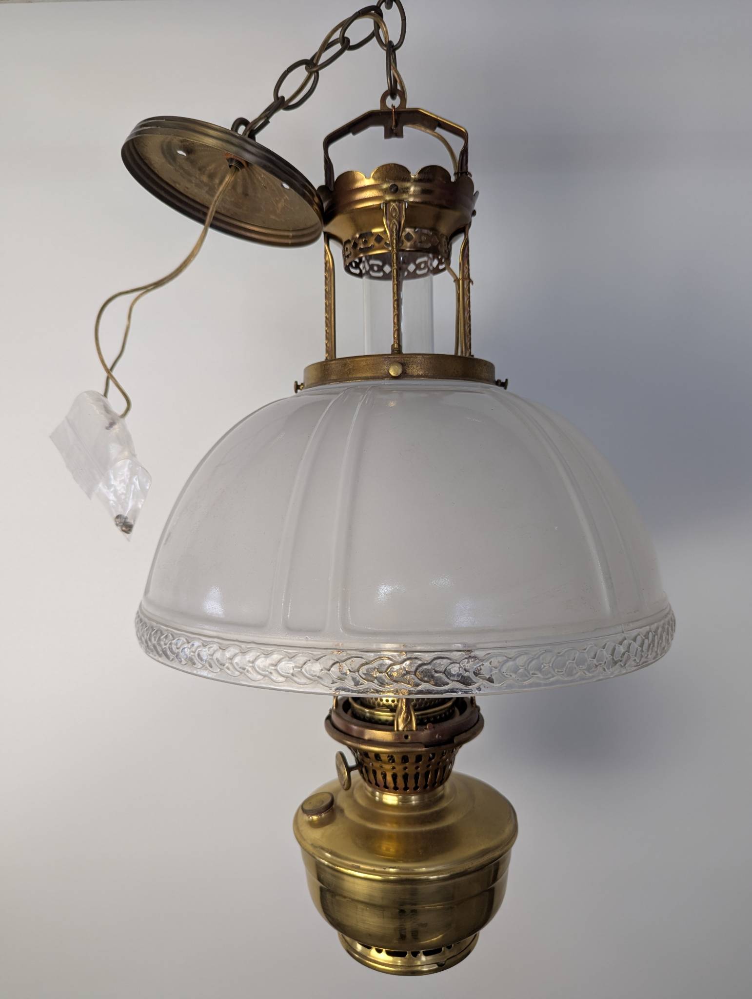 Vintage Aladdin Model 12 Brass Hanging Lamp with Milk White Shade