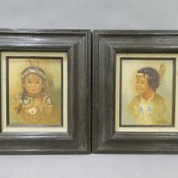 Pair Vintage Signed Portrait of American Indian Children