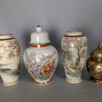 Two Japanese Vases and Two Japanese Urns with Decorative Designs