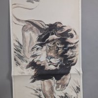 Hanging Chinese Scroll Painting of a Lion by Dai Qi in Ink and Color