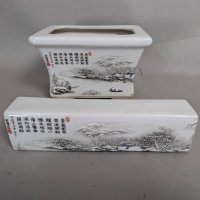 Chinese Ceramic Pot and Paperweight Featuring Snow Scene and Calligraphy