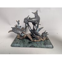 Bronze Marine Life Sculpture Featuring Dolphins and Sea Turtle on Marble Base