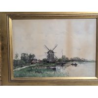 Fredericus Jacobus van Rossum du Chattel Watercolor Dutch Landscape with Windmill