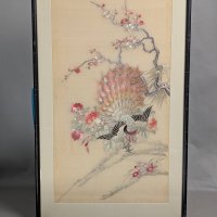 Framed Chinese Silk Embroidery Depicting Peacock and Blossoming Branches