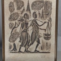 Framed Thai Temple Rubbing Depicting Figures and Architecture in Bangkok