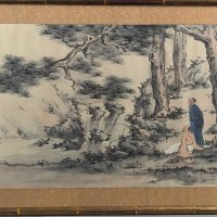 Signed Chinese Watercolor Depicting Two Figures in Forest Scene HUGE